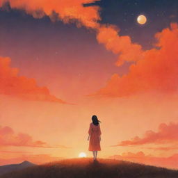 An emotional, dreamlike illustration inspired by IU's song 'Eight', featuring a solitary figure beneath a radiant, gleaming orange sky infused with magical realism.