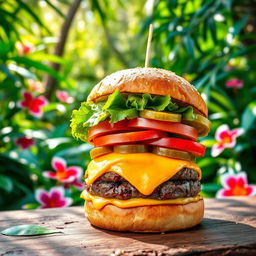 A vibrant and enticing burger stacked high with a perfectly grilled beef patty, oozing melted cheese, crisp lettuce, fresh tomato slices, and crunchy pickles, all nestled between a soft, toasted bun