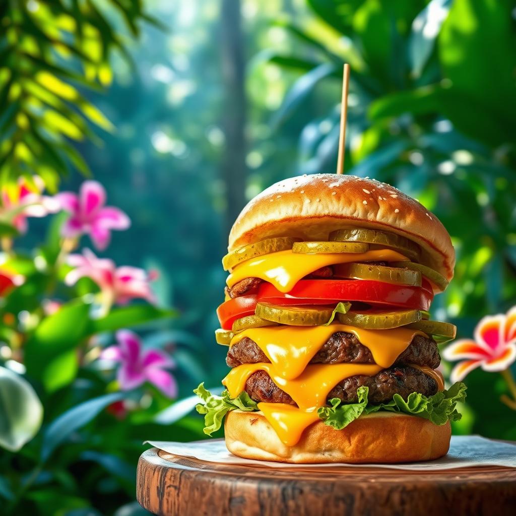 A vibrant and enticing burger stacked high with a perfectly grilled beef patty, oozing melted cheese, crisp lettuce, fresh tomato slices, and crunchy pickles, all nestled between a soft, toasted bun