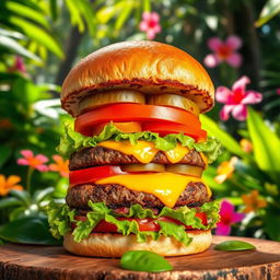 A vibrant and enticing burger stacked high with a perfectly grilled beef patty, oozing melted cheese, crisp lettuce, fresh tomato slices, and crunchy pickles, all nestled between a soft, toasted bun