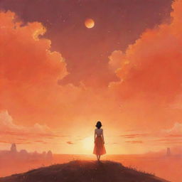 An emotional, dreamlike illustration inspired by IU's song 'Eight', featuring a solitary figure beneath a radiant, gleaming orange sky infused with magical realism.