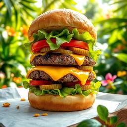 A vibrant and enticing burger stacked high with a perfectly grilled beef patty, oozing melted cheese, crisp lettuce, fresh tomato slices, and crunchy pickles, all nestled between a soft, toasted bun