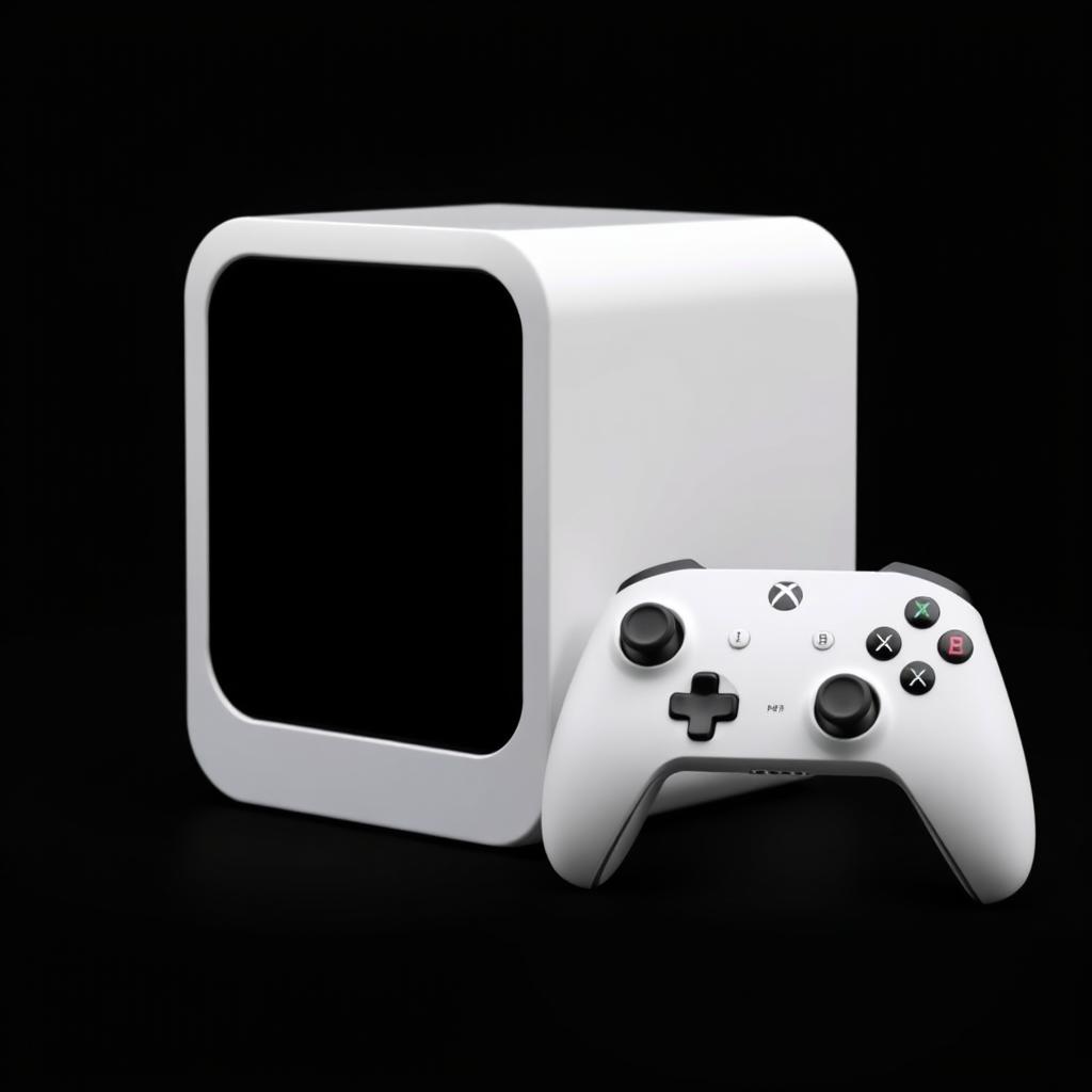 A white squared gaming device positioned next to a sleek, cordless controller, both set against a striking black background