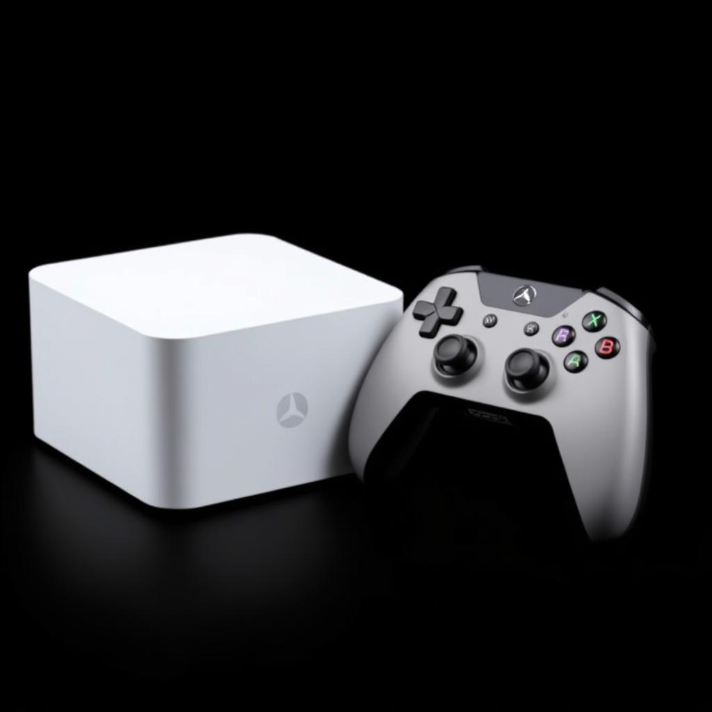 A white squared gaming device positioned next to a sleek, cordless controller, both set against a striking black background