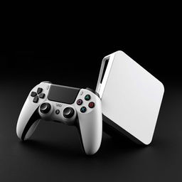 A white squared gaming device positioned next to a sleek, cordless controller, both set against a striking black background