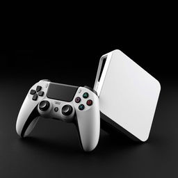 A white squared gaming device positioned next to a sleek, cordless controller, both set against a striking black background