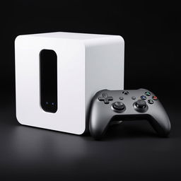 A white squared gaming device positioned next to a sleek, cordless controller, both set against a striking black background