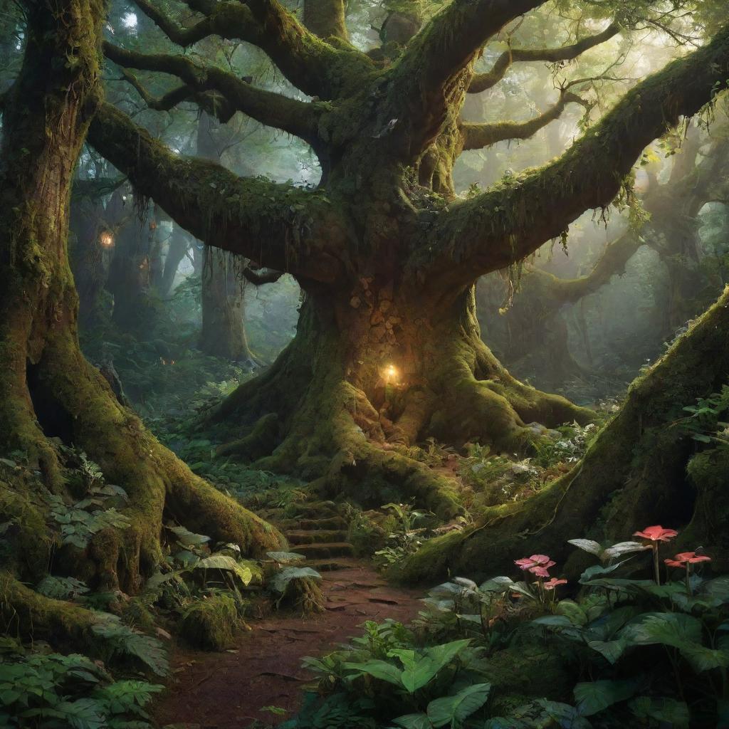 A lush, magical forest filled with glowing plants, mythical creatures and ancient trees.