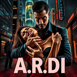 A striking dark romance book cover that vividly portrays a wealthy, dominant man gripping a vulnerable woman by the neck in a thrilling nighttime cityscape