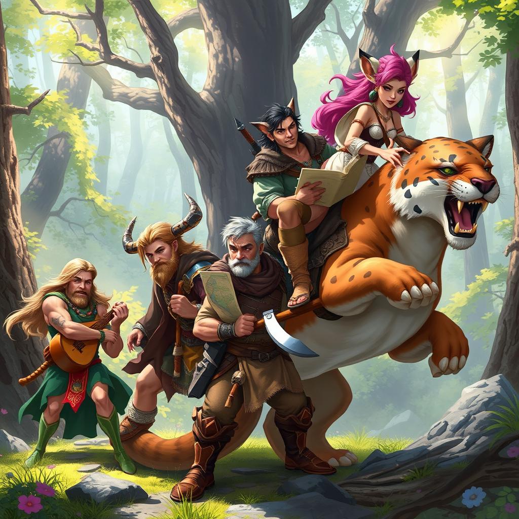 A dynamic D&D party scene, featuring a tall female wood elf mage with long flowing hair, casting a spell, alongside a cheerful male halfling bard playing a lute, a stocky dwarf woman with a determined expression holding a hefty axe, a rugged male human wearing armor checking a map, and a lively female Kender with spiky hair riding confidently on a large, muscular cougar