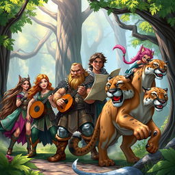 A dynamic D&D party scene, featuring a tall female wood elf mage with long flowing hair, casting a spell, alongside a cheerful male halfling bard playing a lute, a stocky dwarf woman with a determined expression holding a hefty axe, a rugged male human wearing armor checking a map, and a lively female Kender with spiky hair riding confidently on a large, muscular cougar