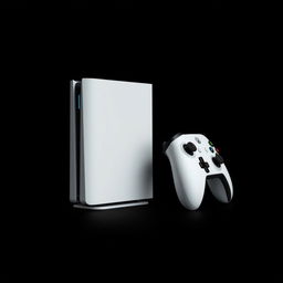 A white gaming device accompanied by a matching wireless controller, both set against a deep black background for striking contrast