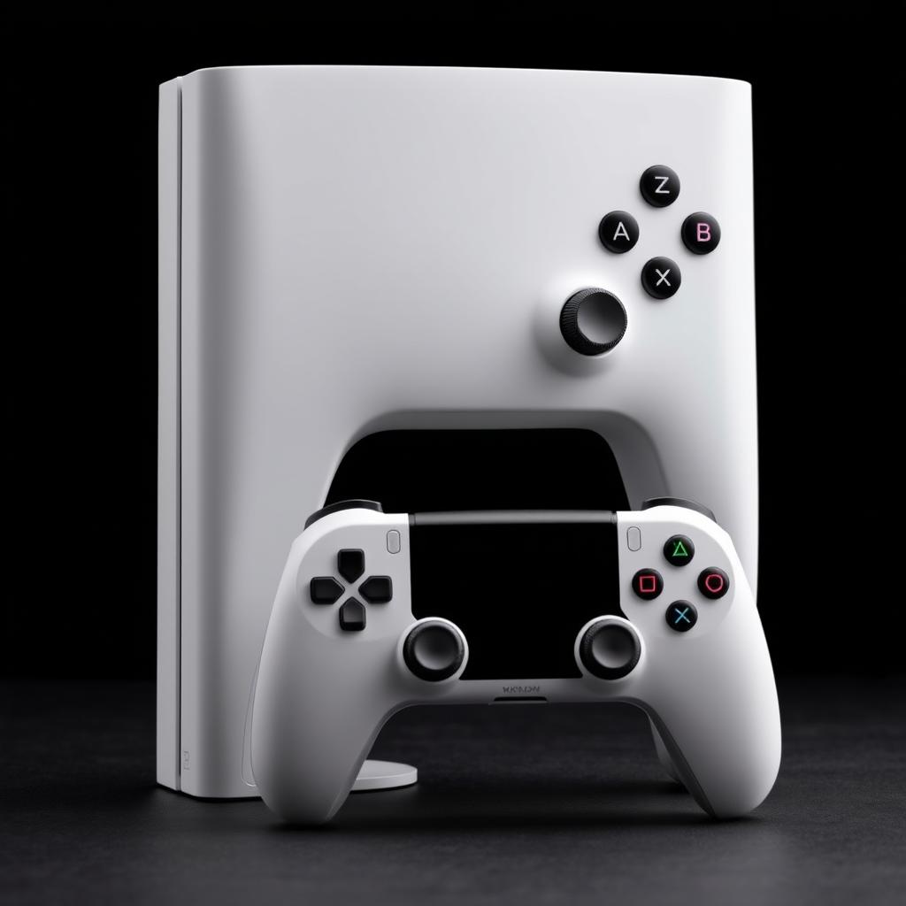 A white gaming device accompanied by a matching wireless controller, both set against a deep black background for striking contrast