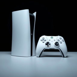 A white gaming device accompanied by a matching wireless controller, both set against a deep black background for striking contrast