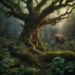 A lush, magical forest filled with glowing plants, mythical creatures and ancient trees.