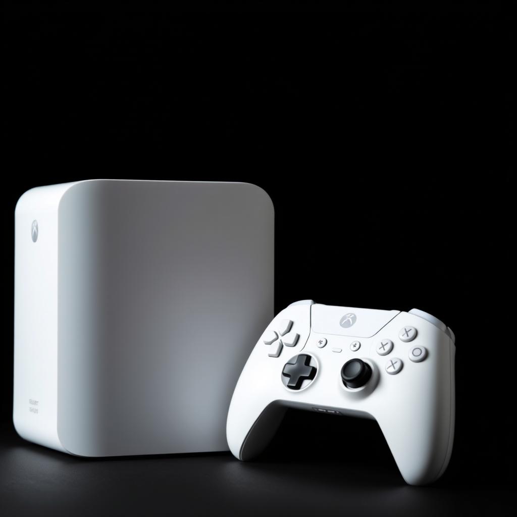 A white gaming device accompanied by a matching wireless controller, both set against a deep black background for striking contrast