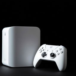 A white gaming device accompanied by a matching wireless controller, both set against a deep black background for striking contrast