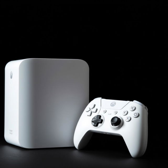 A white gaming device accompanied by a matching wireless controller, both set against a deep black background for striking contrast