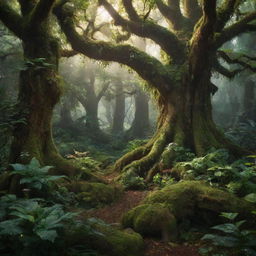 A lush, magical forest filled with glowing plants, mythical creatures and ancient trees.