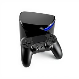 A black gaming device paired with a sleek, wireless controller, both prominently displayed against a bright white background