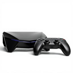 A black gaming device paired with a sleek, wireless controller, both prominently displayed against a bright white background