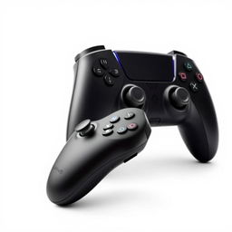 A black gaming device paired with a sleek, wireless controller, both prominently displayed against a bright white background