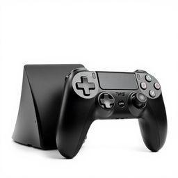 A black gaming device paired with a sleek, wireless controller, both prominently displayed against a bright white background