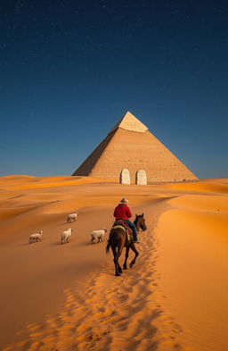 A breathtaking scene of a person traversing through a vast desert at night, guided by twinkling stars in the clear sky