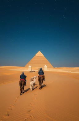 A breathtaking scene of a person traversing through a vast desert at night, guided by twinkling stars in the clear sky