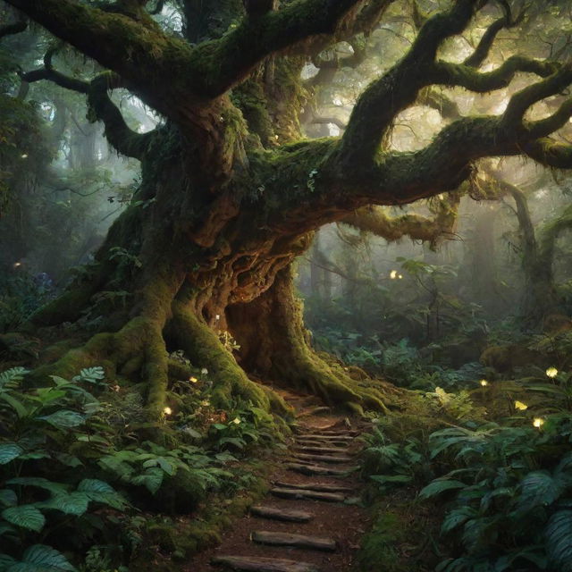 A lush, magical forest filled with glowing plants, mythical creatures and ancient trees.