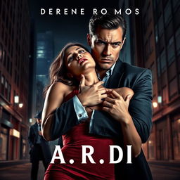 A compelling dark romance book cover set in a modern urban landscape, showcasing a wealthy, dominant man gripping a defenseless woman by the neck