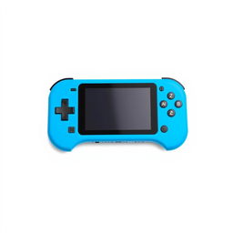 A small blue gaming device paired with a sleek black wireless controller, positioned prominently against a clean white background