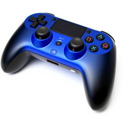 A small blue gaming device paired with a sleek black wireless controller, positioned prominently against a clean white background