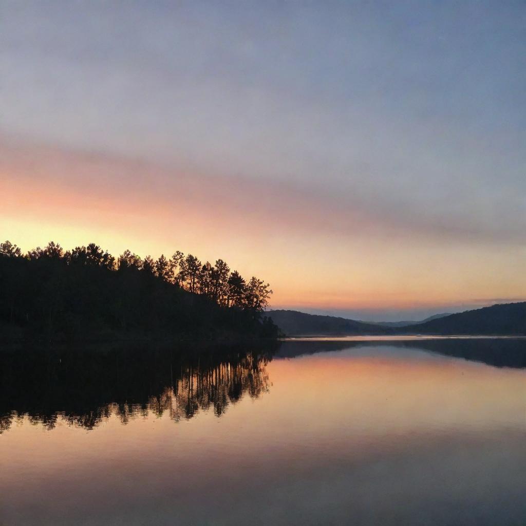 A scenic view of a peaceful sunset over a serene, still lake.