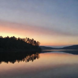 A scenic view of a peaceful sunset over a serene, still lake.