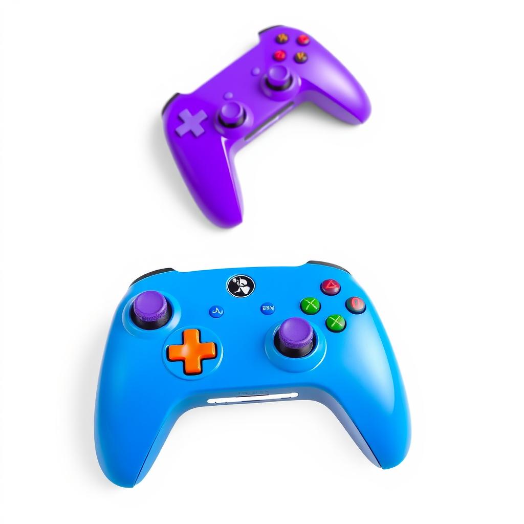 A vibrant blue gaming device featuring a modern design, paired with a stylish purple wireless controller, both showcased against a clean white background