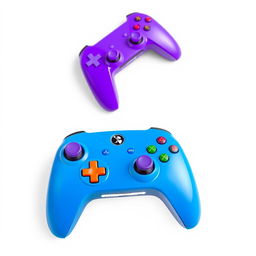 A vibrant blue gaming device featuring a modern design, paired with a stylish purple wireless controller, both showcased against a clean white background