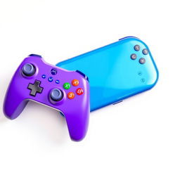 A vibrant blue gaming device featuring a modern design, paired with a stylish purple wireless controller, both showcased against a clean white background