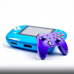 A vibrant blue gaming device featuring a modern design, paired with a stylish purple wireless controller, both showcased against a clean white background