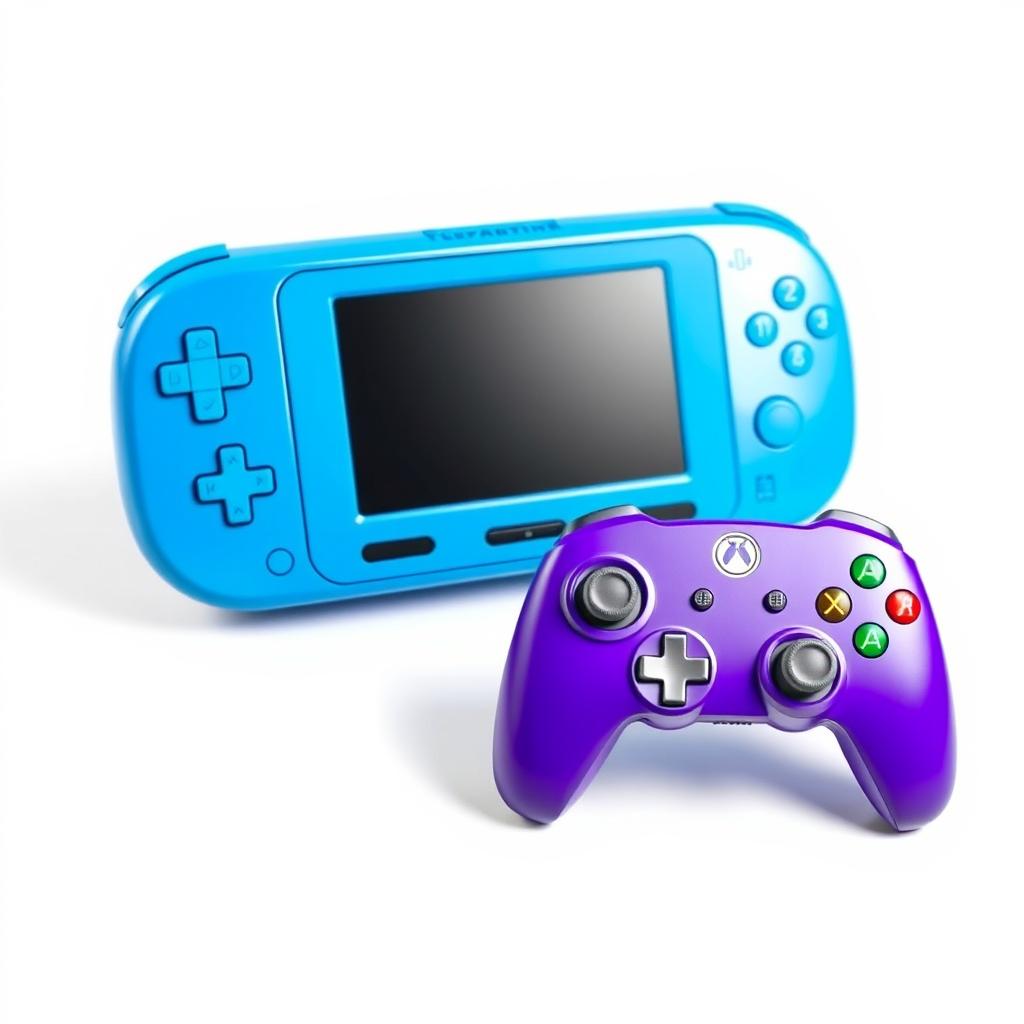 A vibrant blue gaming device featuring a modern design, paired with a stylish purple wireless controller, both showcased against a clean white background