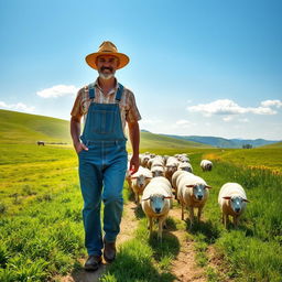 A farmer walking through a lush green countryside, surrounded by a flock of fluffy white sheep