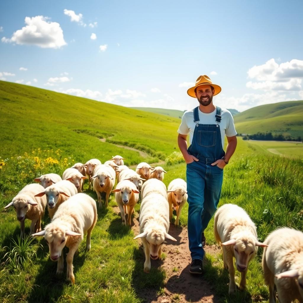 A farmer walking through a lush green countryside, surrounded by a flock of fluffy white sheep