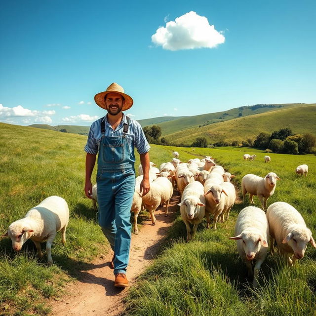 A farmer walking through a lush green countryside, surrounded by a flock of fluffy white sheep