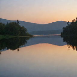 A scenic view of a peaceful sunset over a serene, still lake.