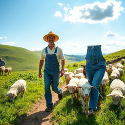 A farmer walking through a lush green countryside, surrounded by a flock of fluffy white sheep