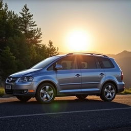 A stunning 2005 Volkswagen Voyage parked on a scenic road with beautiful nature in the background