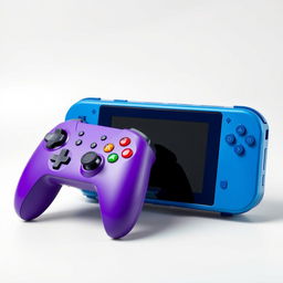 A blue rectangular gaming device paired with a vibrant purple wireless controller, all set against a clean white background