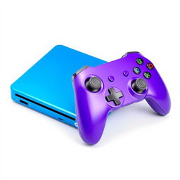 A blue rectangular gaming device paired with a vibrant purple wireless controller, all set against a clean white background