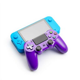 A blue rectangular gaming device paired with a vibrant purple wireless controller, all set against a clean white background