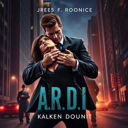 An intriguing dark romance book cover featuring a wealthy, dominant man gripping a defenseless woman by the neck amidst a thrilling nighttime city backdrop